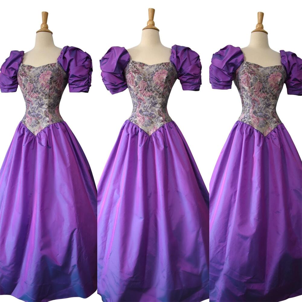 Vintage 80s House of Bianchi Iridescent Raspberry Taffeta Floral Brocade Dress